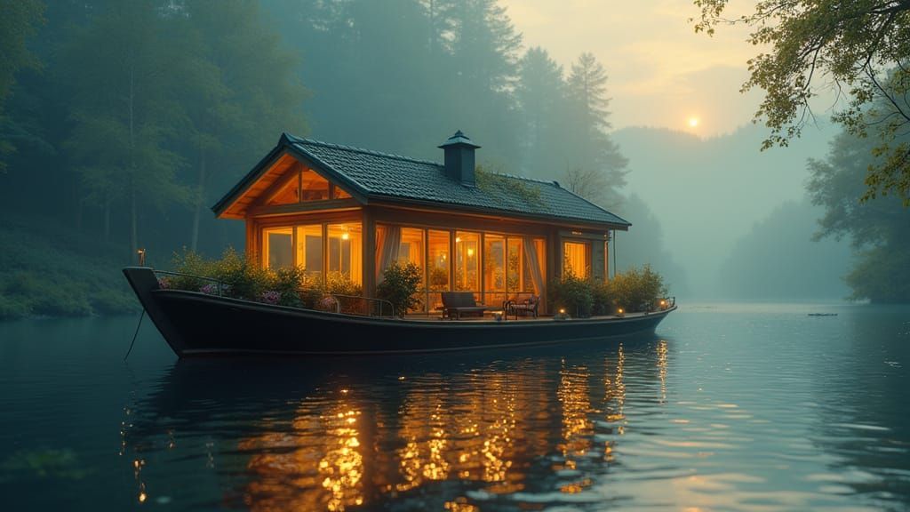 Enchanting Houseboat Scene with Sunbeams