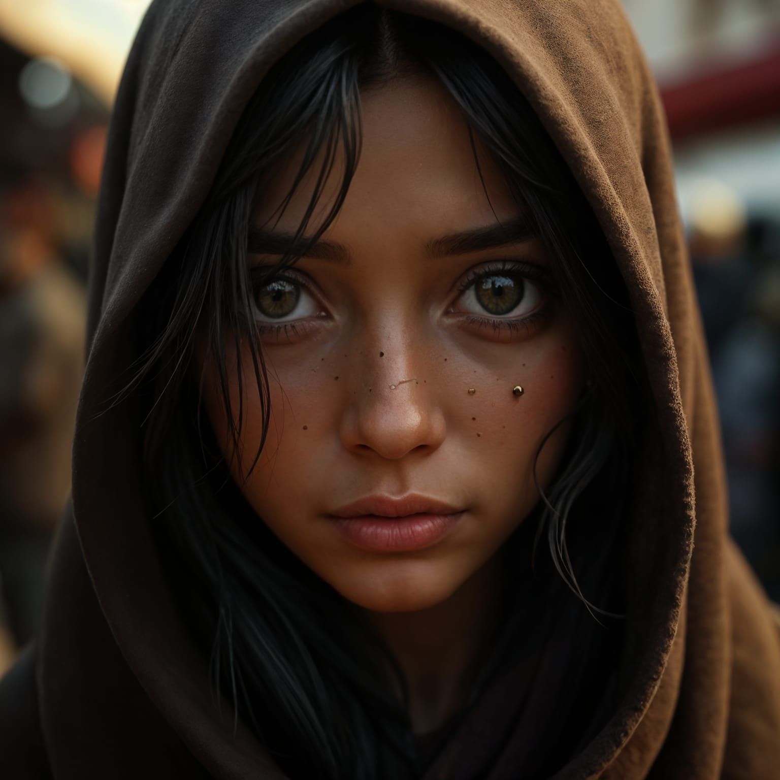 Solemn Middle Eastern Woman in Dramatic Street Market Settin...