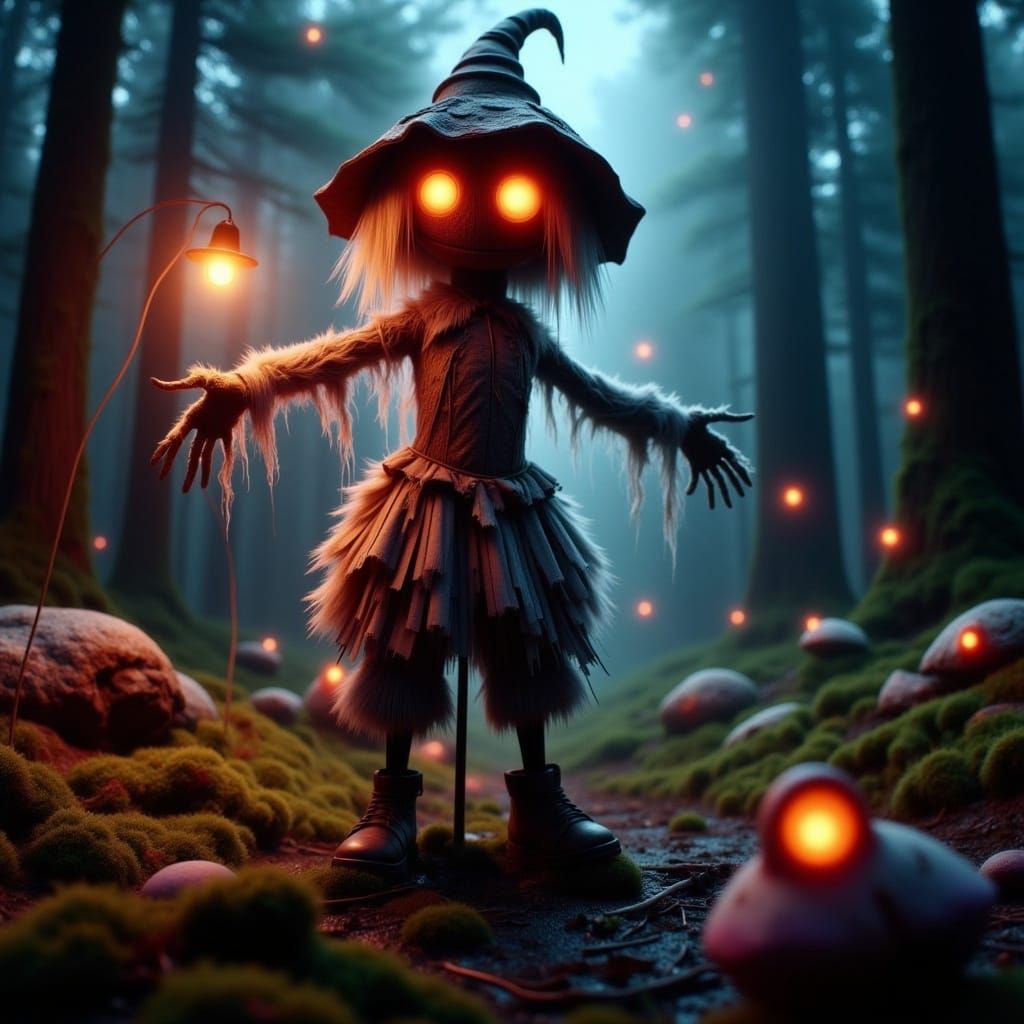 Enchanted Forest Scarecrow with Glowing Eyes