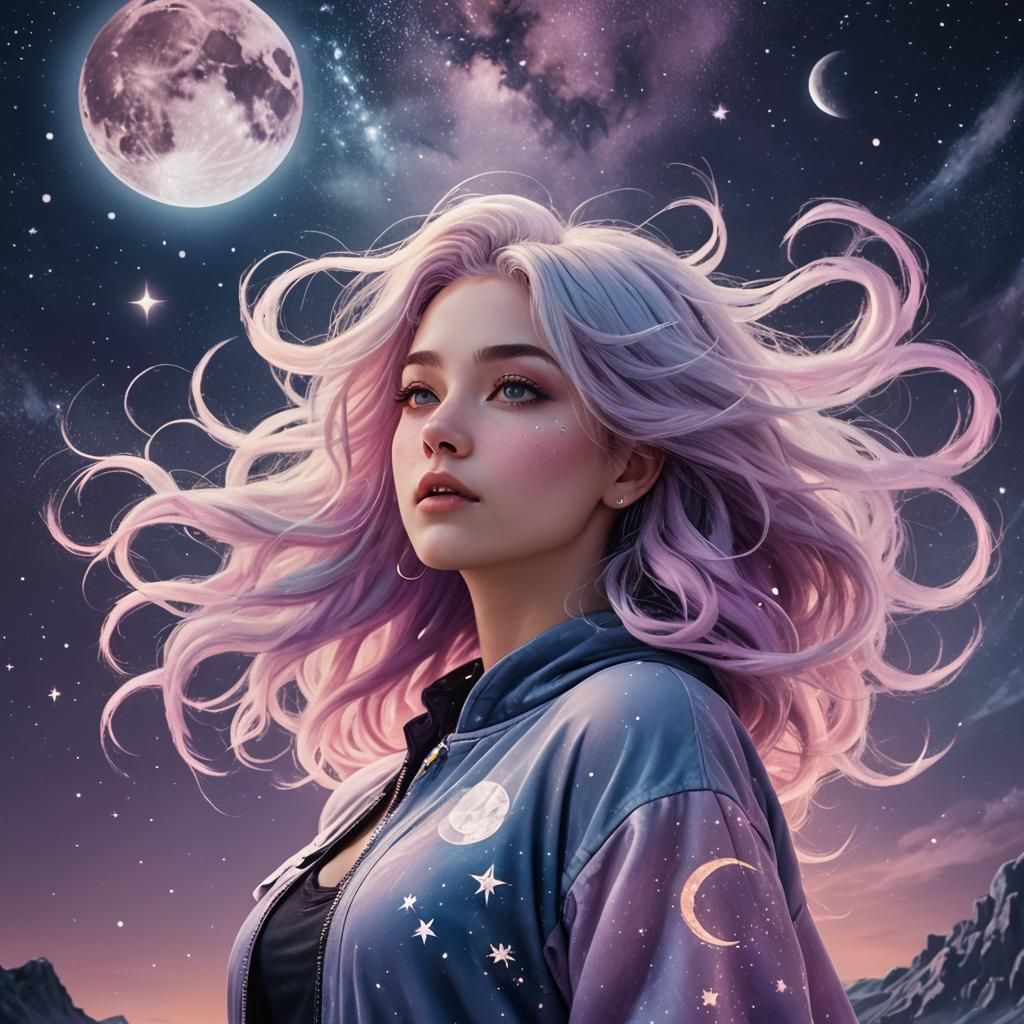 Pastel Haired Woman Reaching for Stars