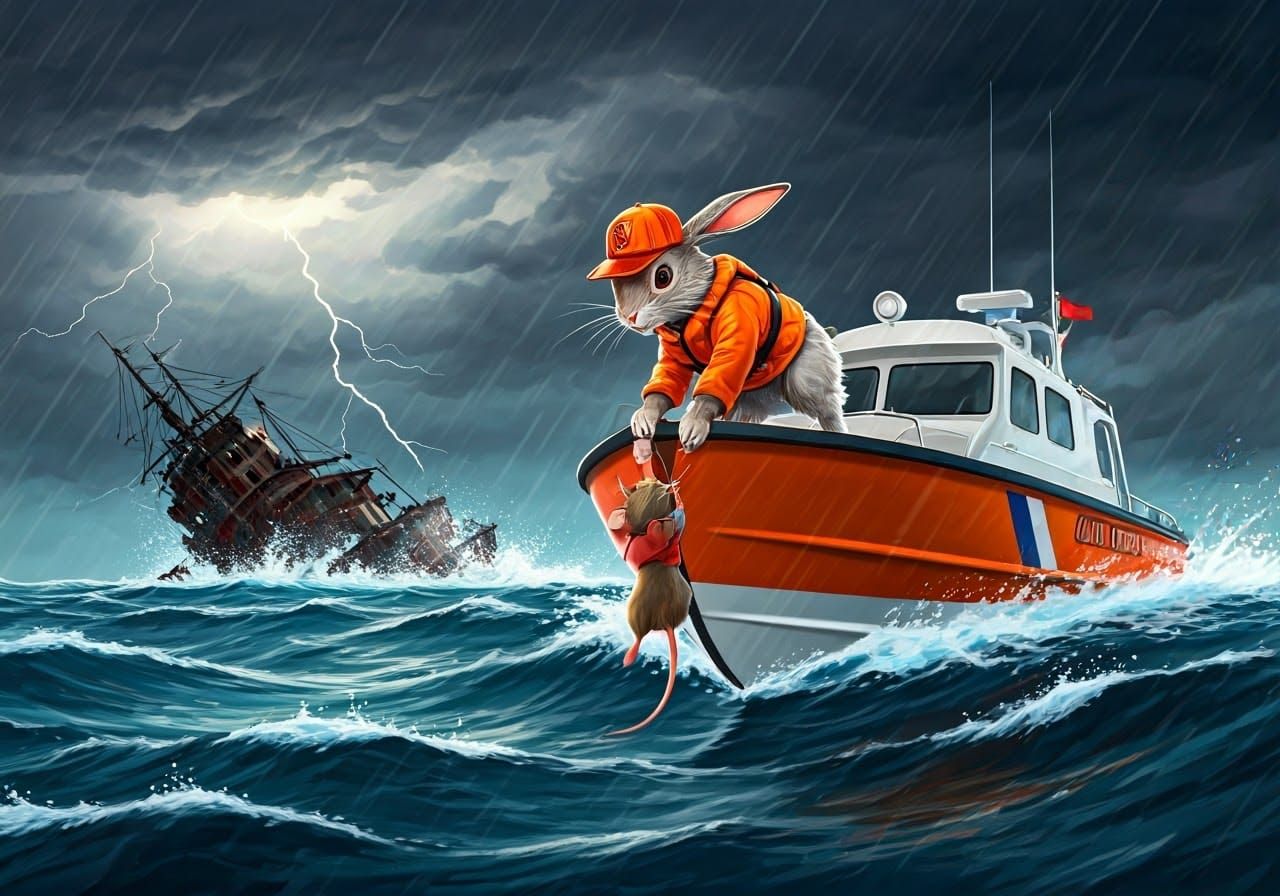 Heroic Lifeguard Rabbit Saves Mouse from Turbulent Sea
