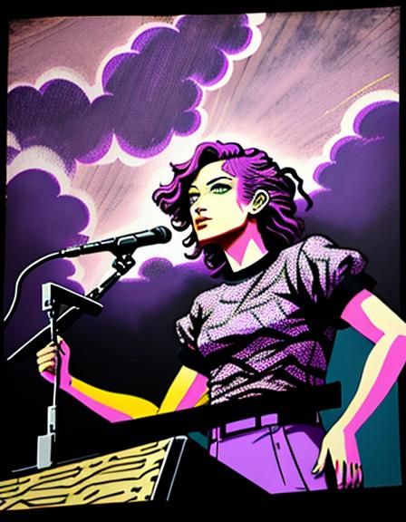 Rockstar on Stage: Vaporwave Futurism in Woodblock Style