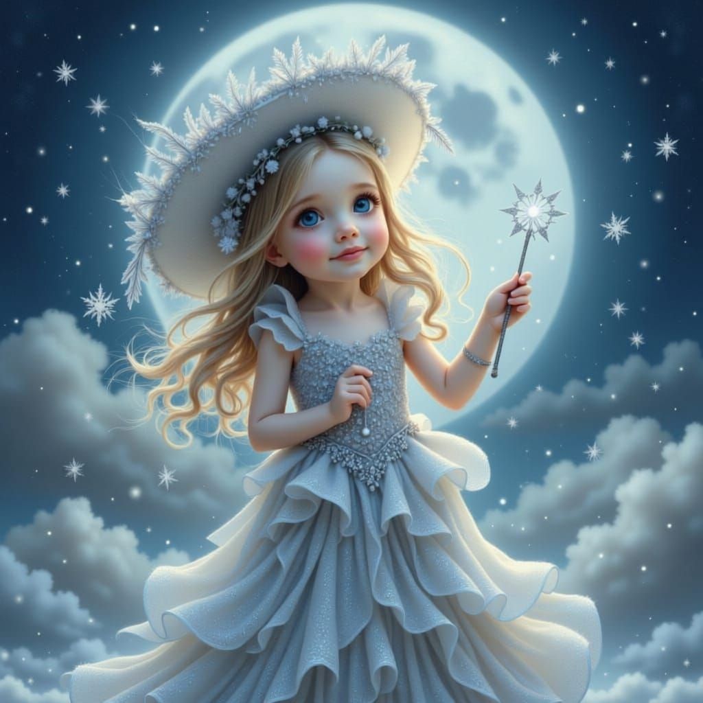 Enchanting Girl in Silver Gown Under Moonlit Starry Sky