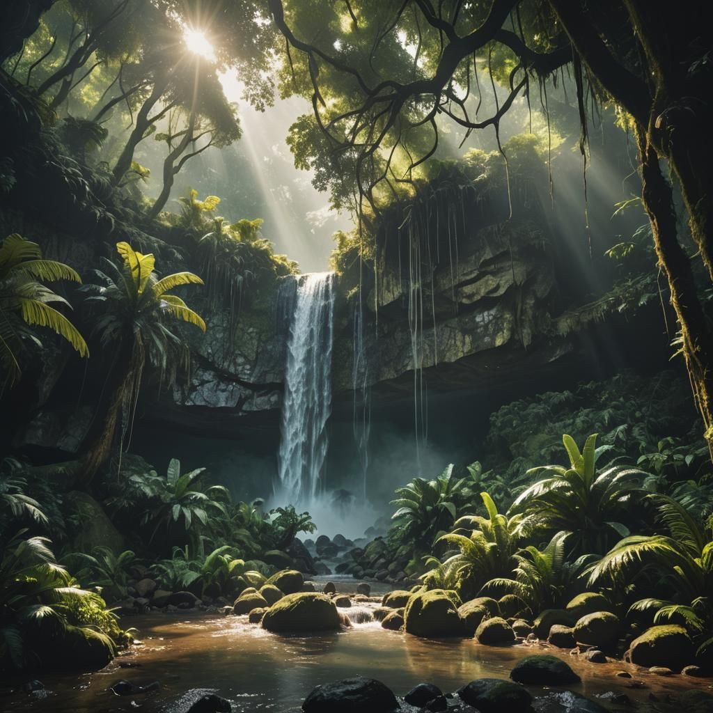 Secret Cave Behind Waterfall in Fantasy Jungle