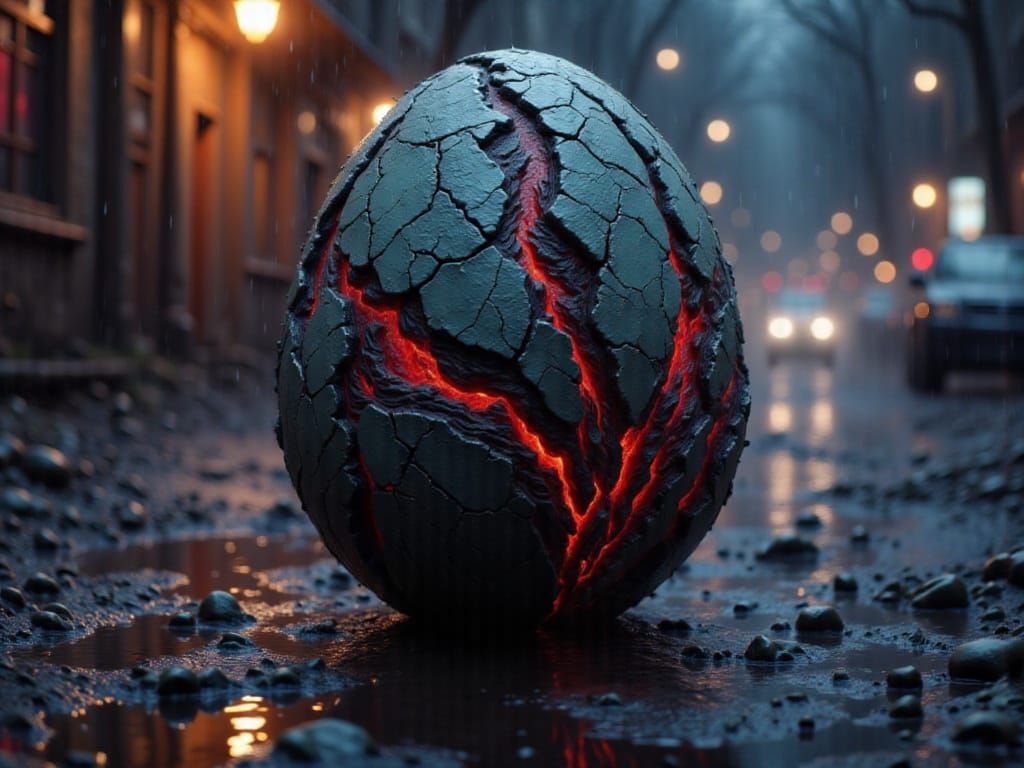 Xenomorph Egg Glowing Red on Rainy Street