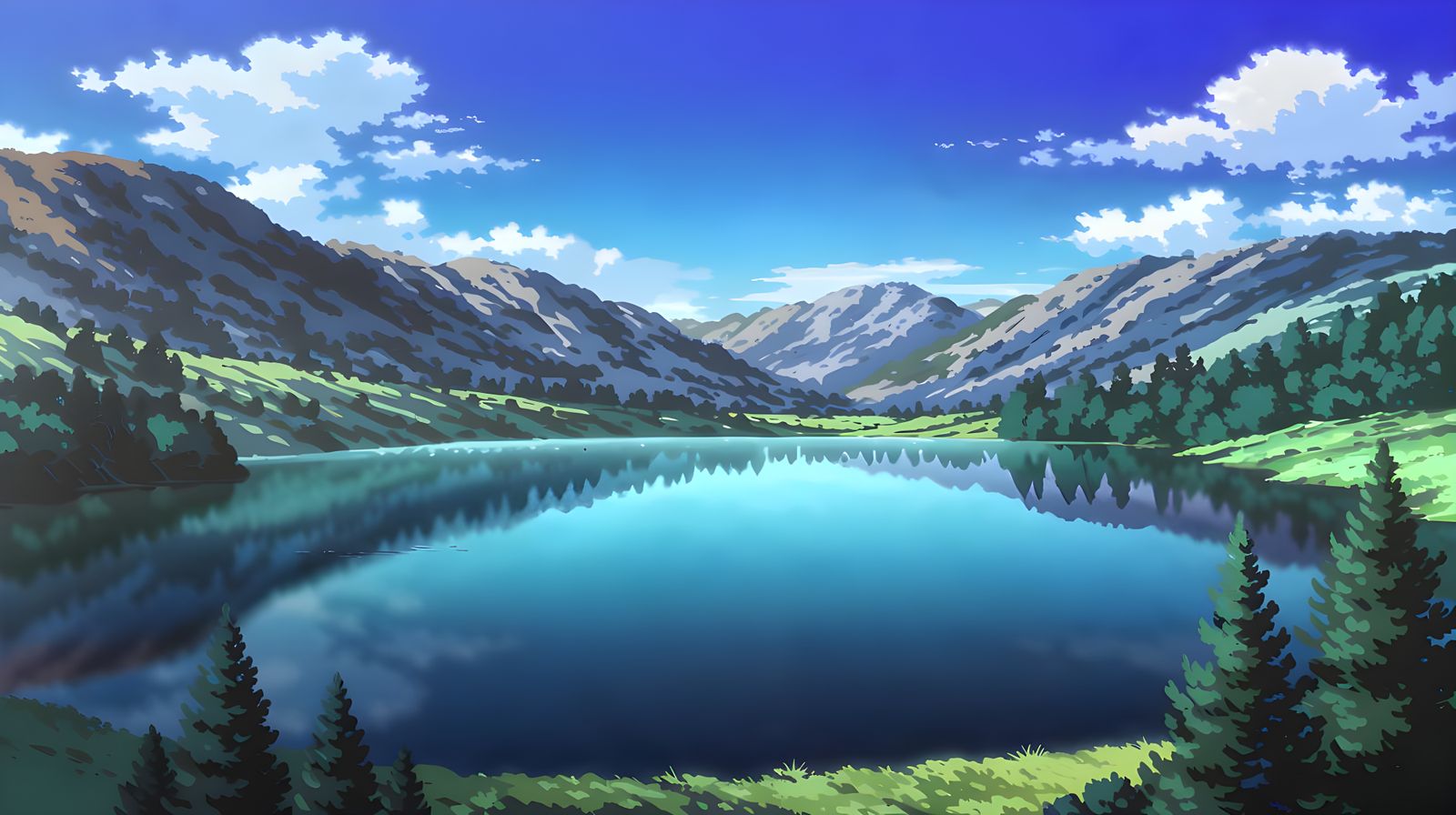 Serene Valley Lake Scene in Traditional Watercolor Style