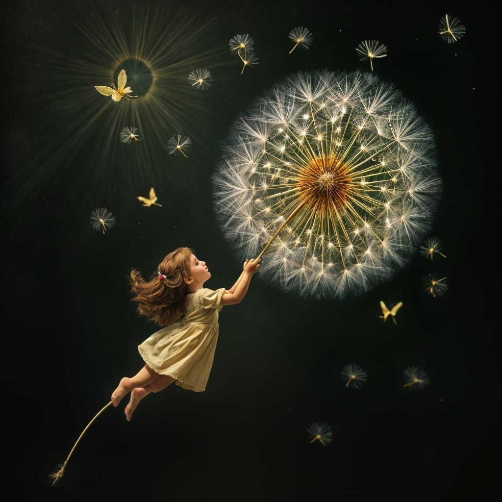 Dandelion Seed and Fairies in Fantasy Oil Painting