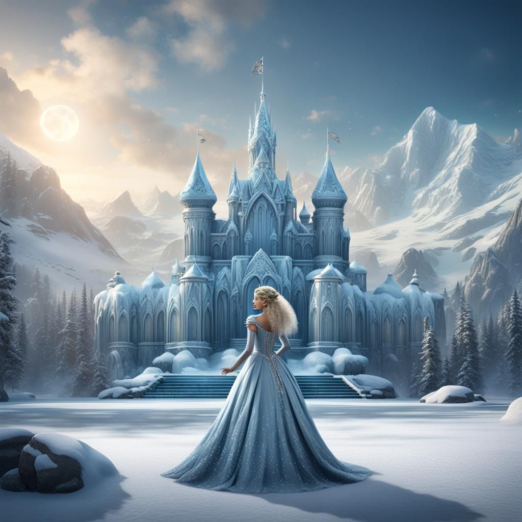 Blonde Woman in Silver Gown at Ice Palace