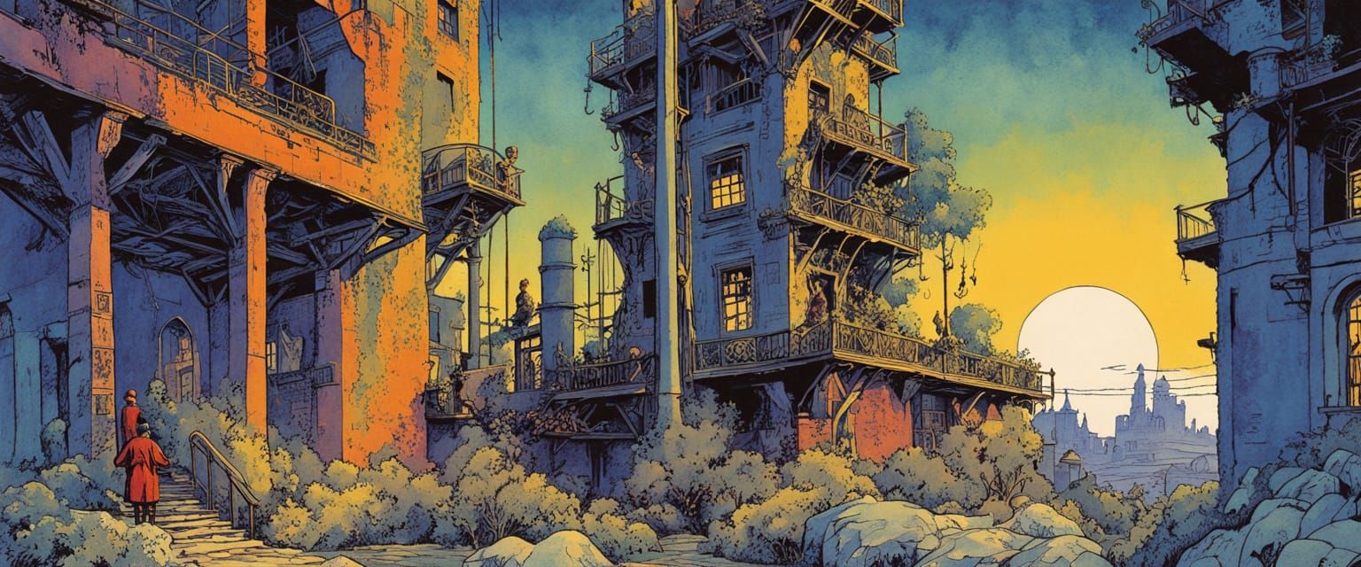 Abandoned Factory Exploration in Watercolor Serigraph Style