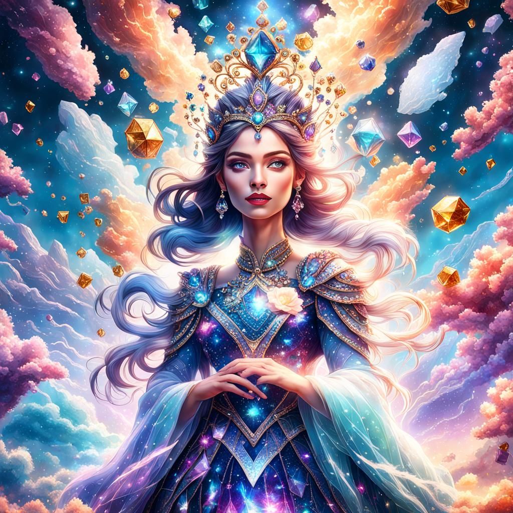 Magical Galaxy Princess on Cloud in Detailed Painting