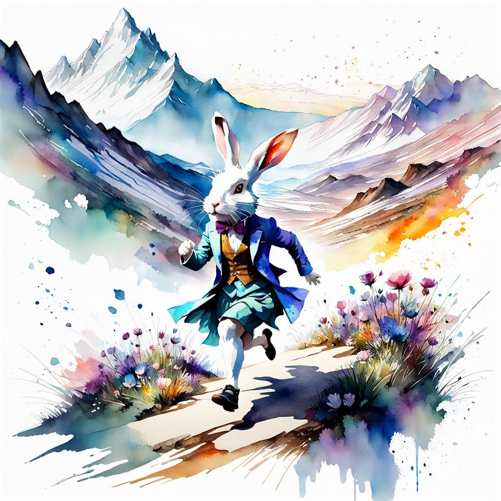 Well-Dressed Rabbit Running in Watercolor Wonderland