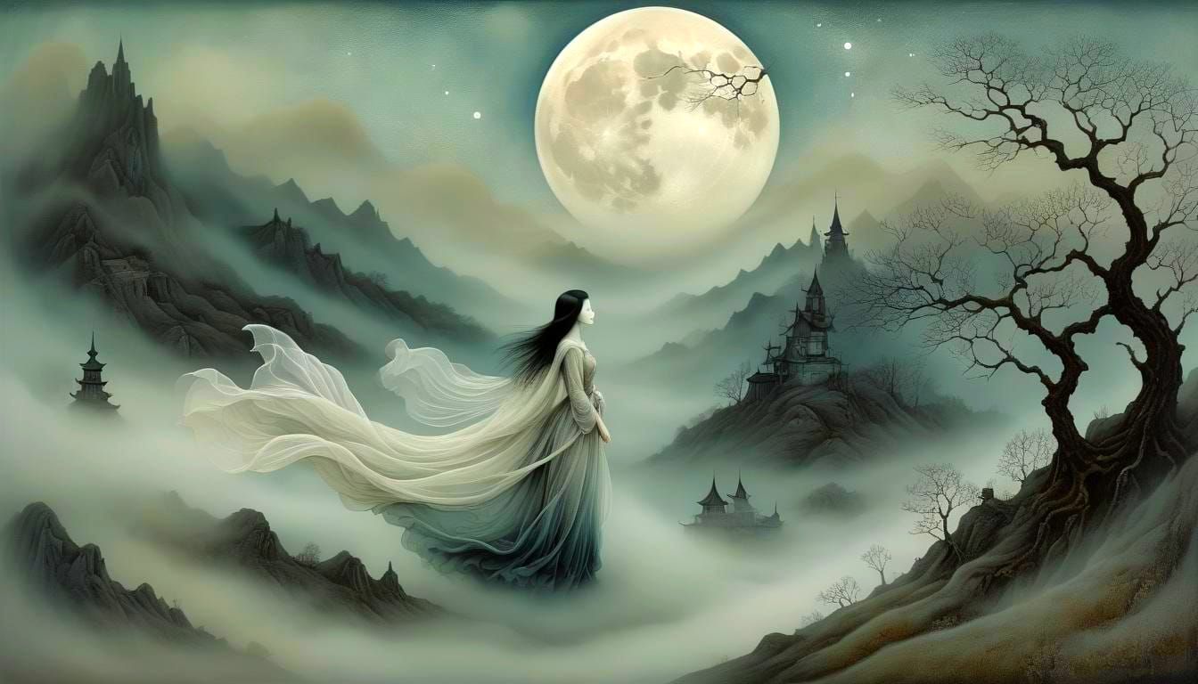 Banshee in Foggy Moonscape: Oil Gouache Art