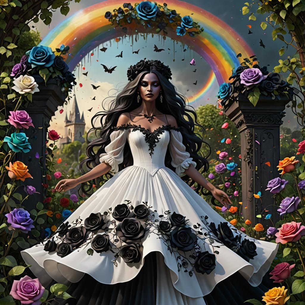 Dark Witch Slides Down Rainbow into Garden, 3D