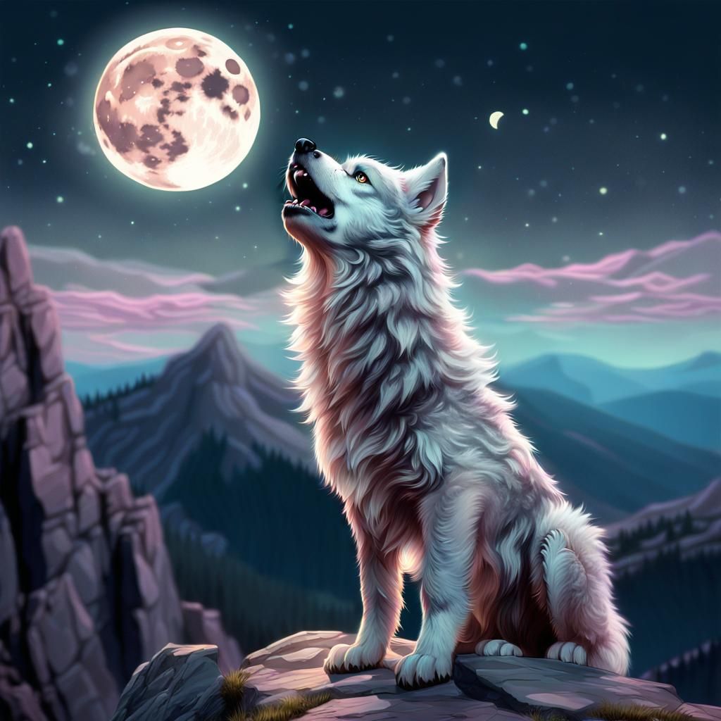 fluffy, wide-eyed werewolf pup howling at the full moon.