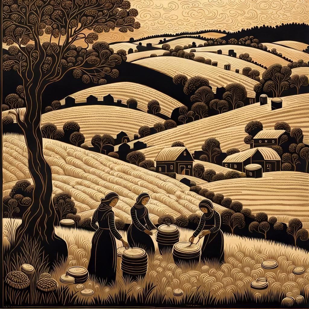 Golden Ink Rural Landscape Folk Art