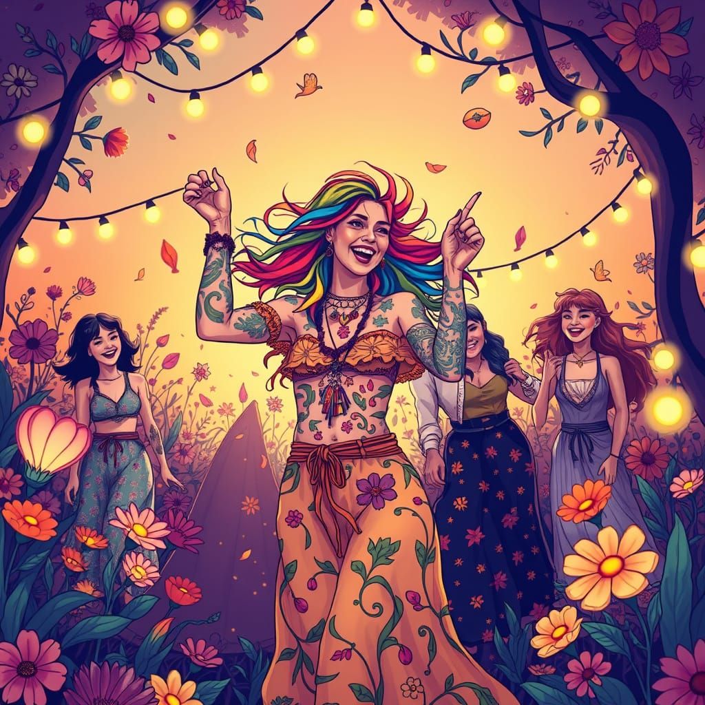 Rainbow Woman Dancing in Whimsical Floral Landscape