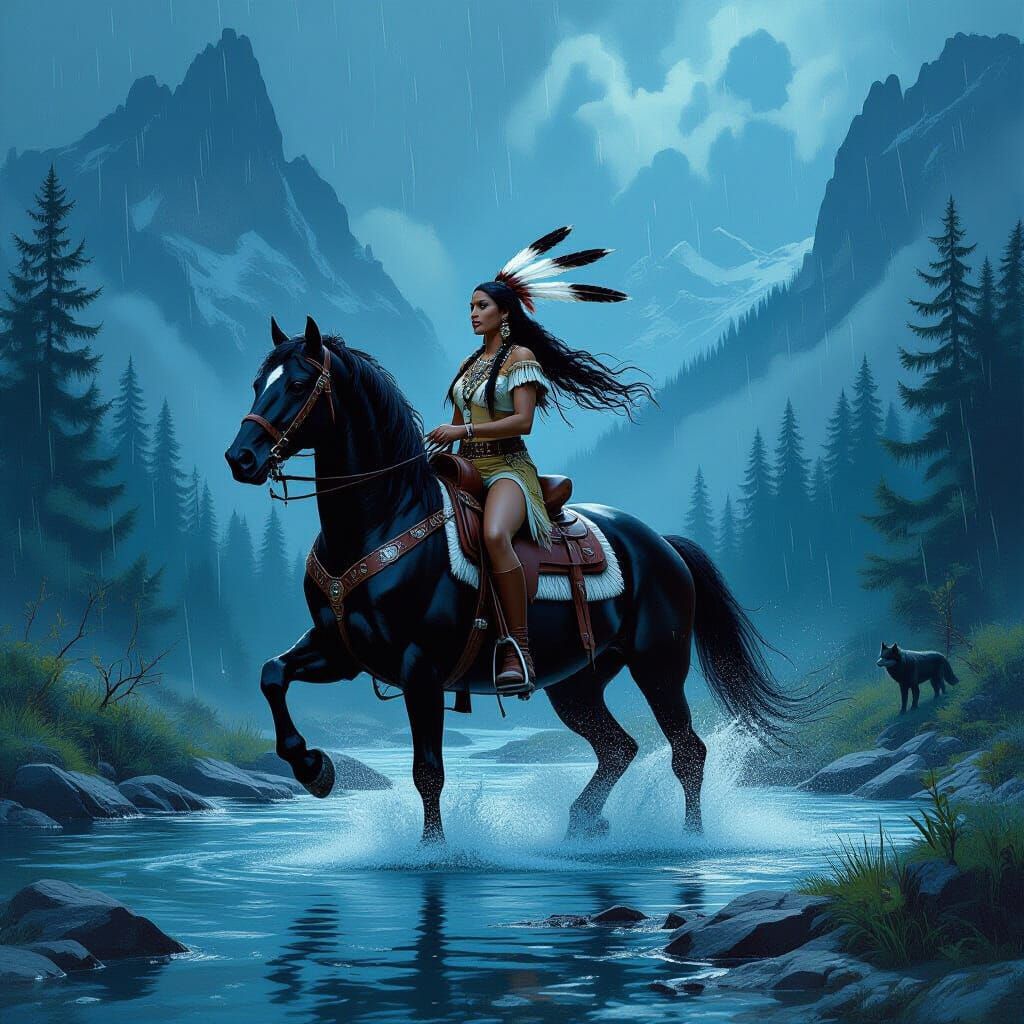 Native Princess Rides Horse in Rainy Mountains