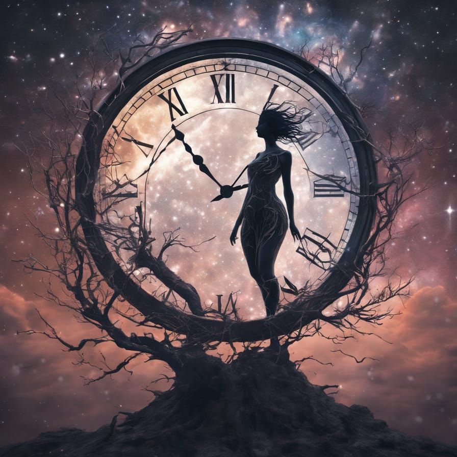 Fantasy Art: Clock in Space with Woman Silhouette