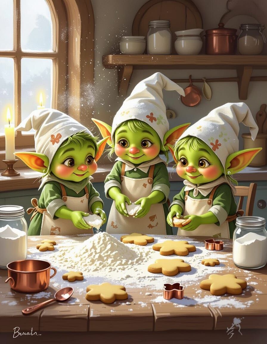 Kind Goblins Baking in Enchanted Wooden Kitchen