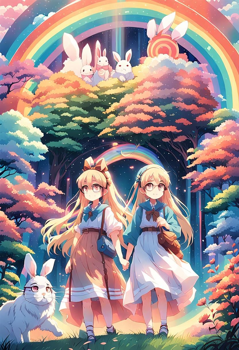 Magical Girls in Anime Style with Rainbow Background