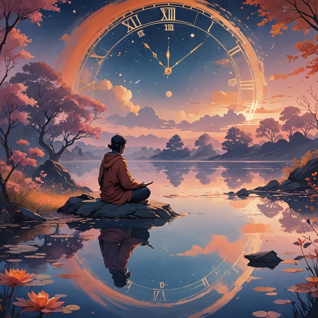 Meditating Figure by Lake with Magical Clock