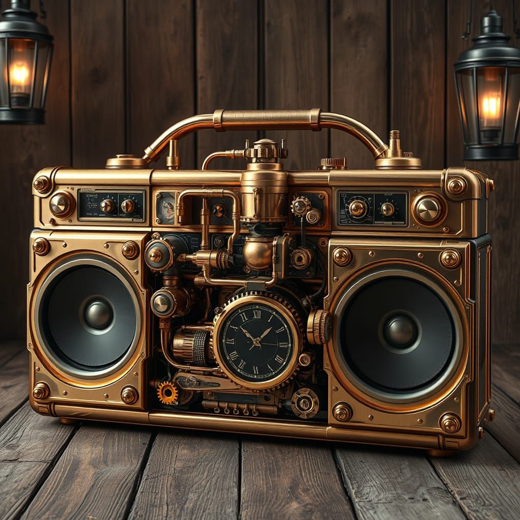 Vintage Industrial Steampunk Boombox with Intricate Brass De...