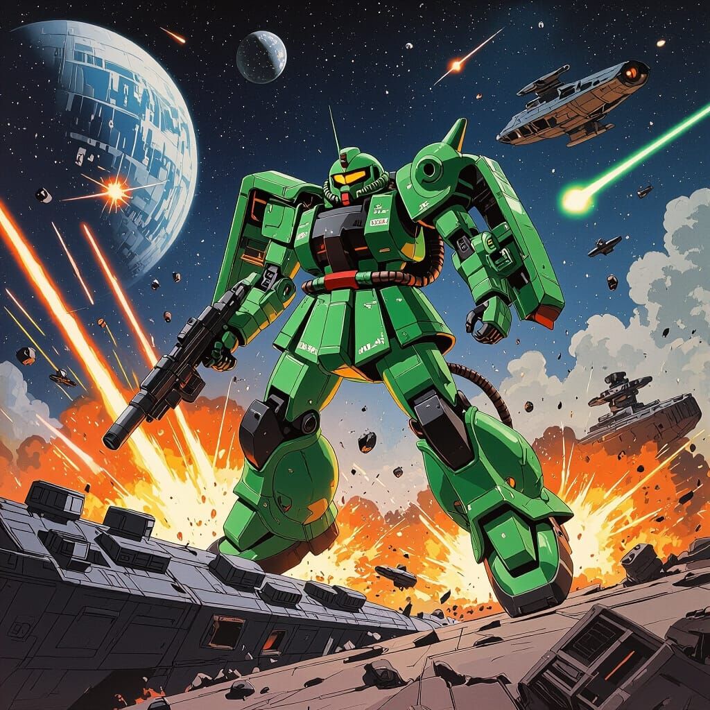Green Zaku Mech Destroys Warship in Space Battle
