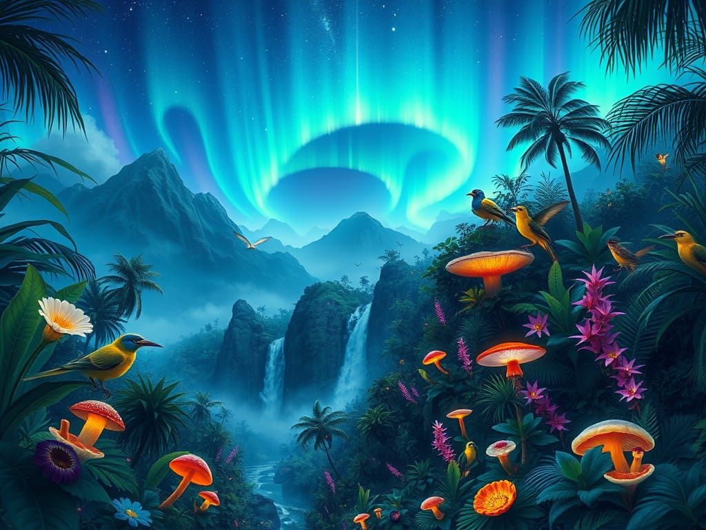 Tropical Mountainscape with Glowing Plants and Waterfalls