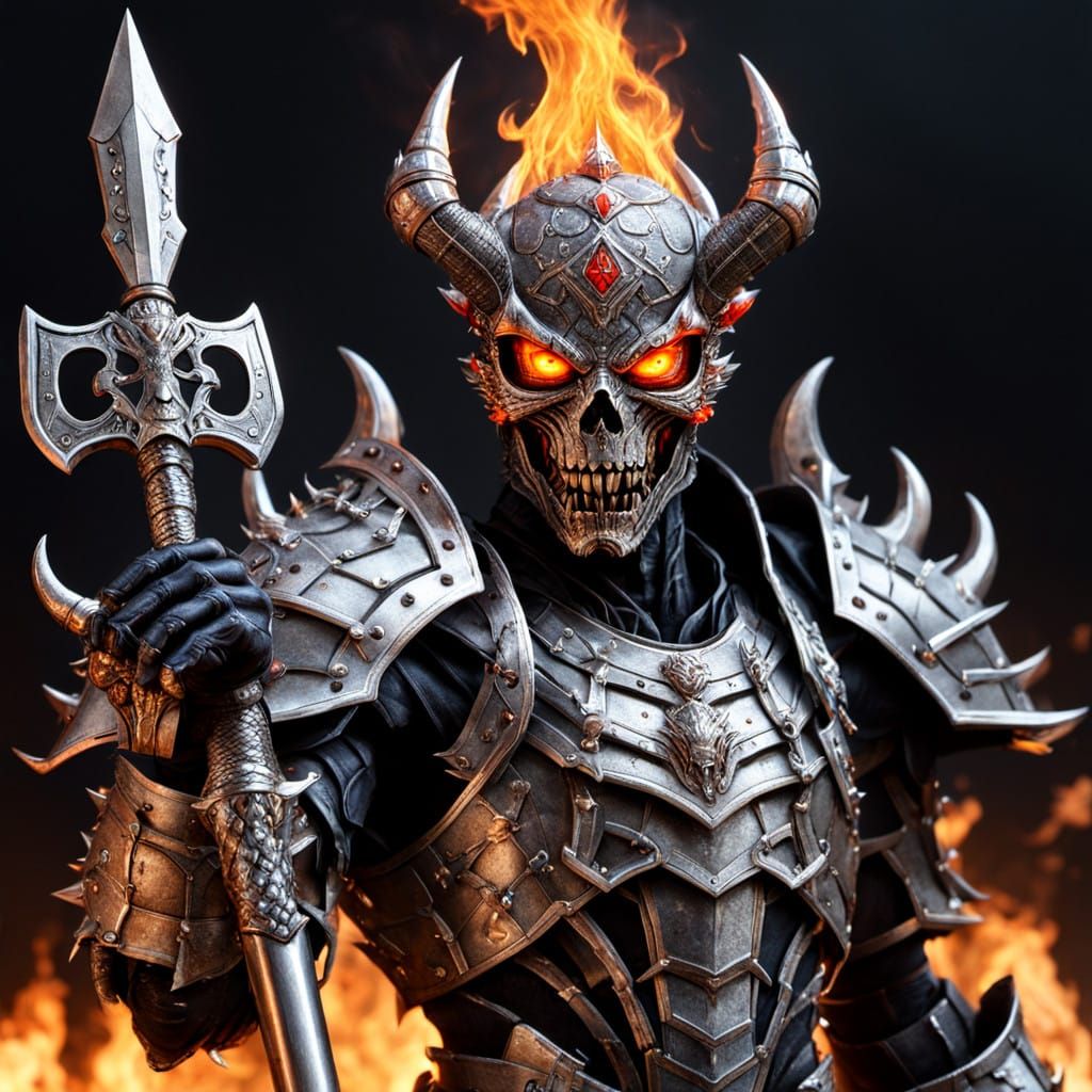 Cyberpunk Spider God with Flaming Crown and Gory Battleaxe