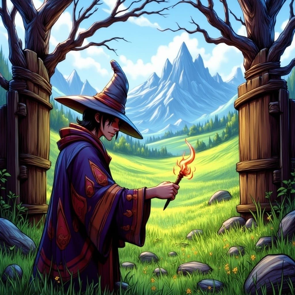 Pixar Wizard with Magical Wand in Enchanted Landscape