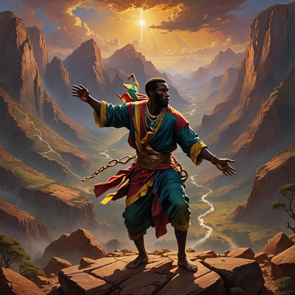 African Figure Breaks Shackles in Dramatic Oil Painting