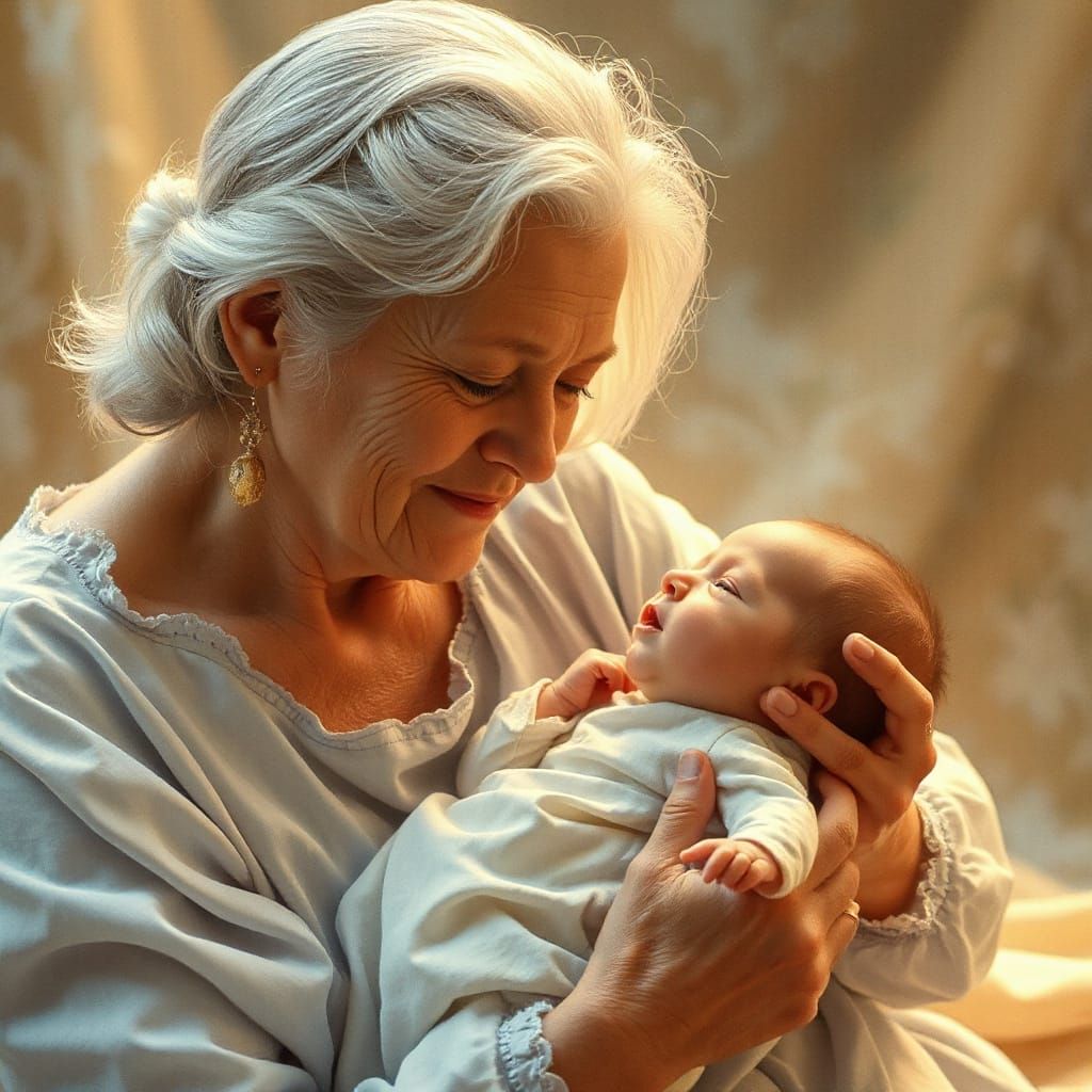 Serene Portrait of Grandmother and Newborn in Art Nouveau St...
