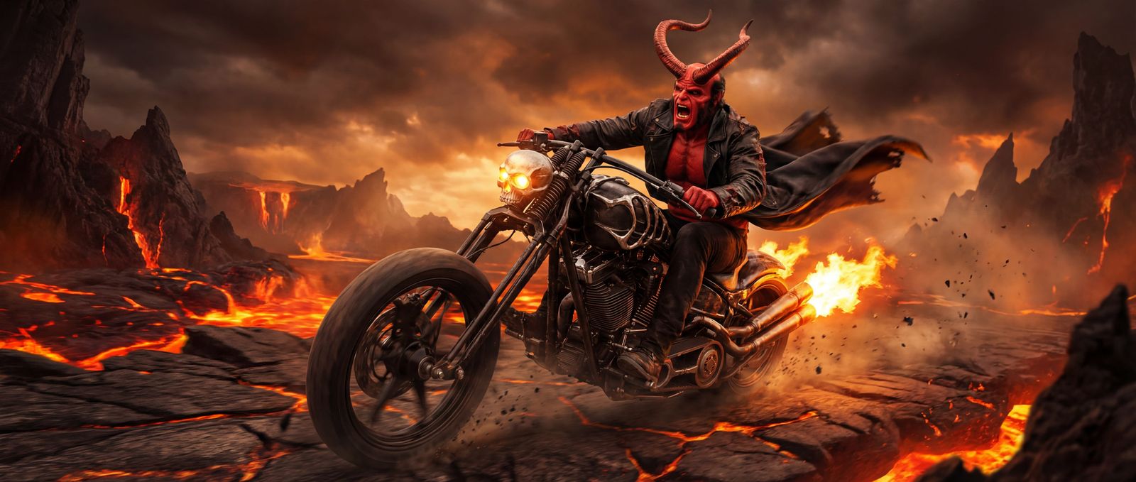 Satan Rides Custom Chopper Through Hellscape