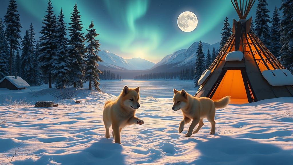 Golden Wolf Pups Play Under Aurora Borealis in Pine Woods Te...