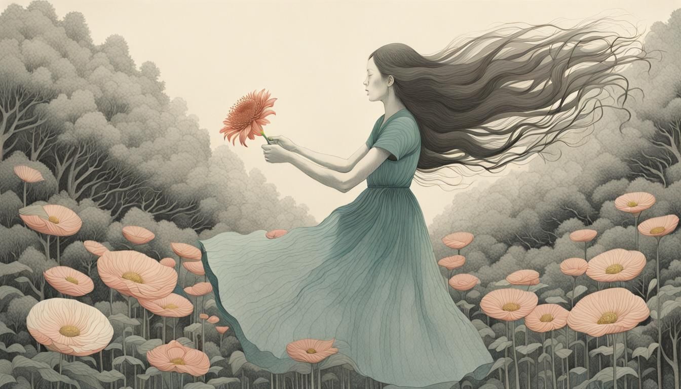 Woman Flying with Flower in Etching Style