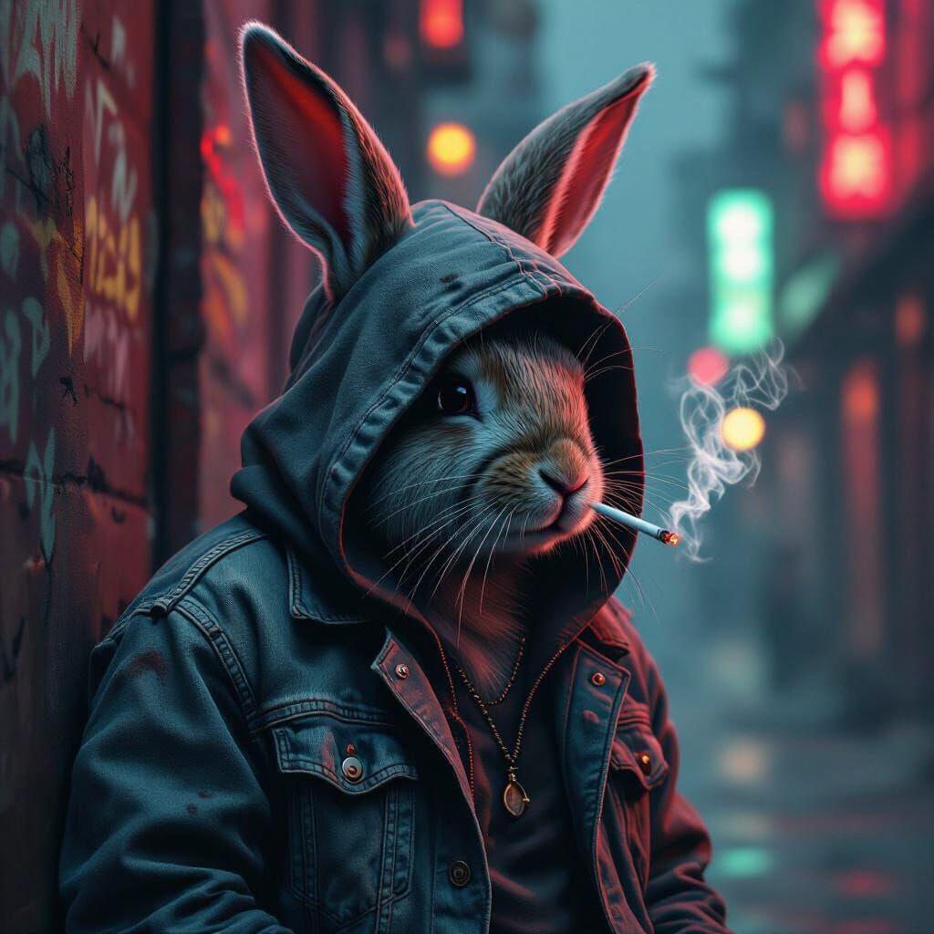 Rabbit Smoking in Hood, Film Noir Style