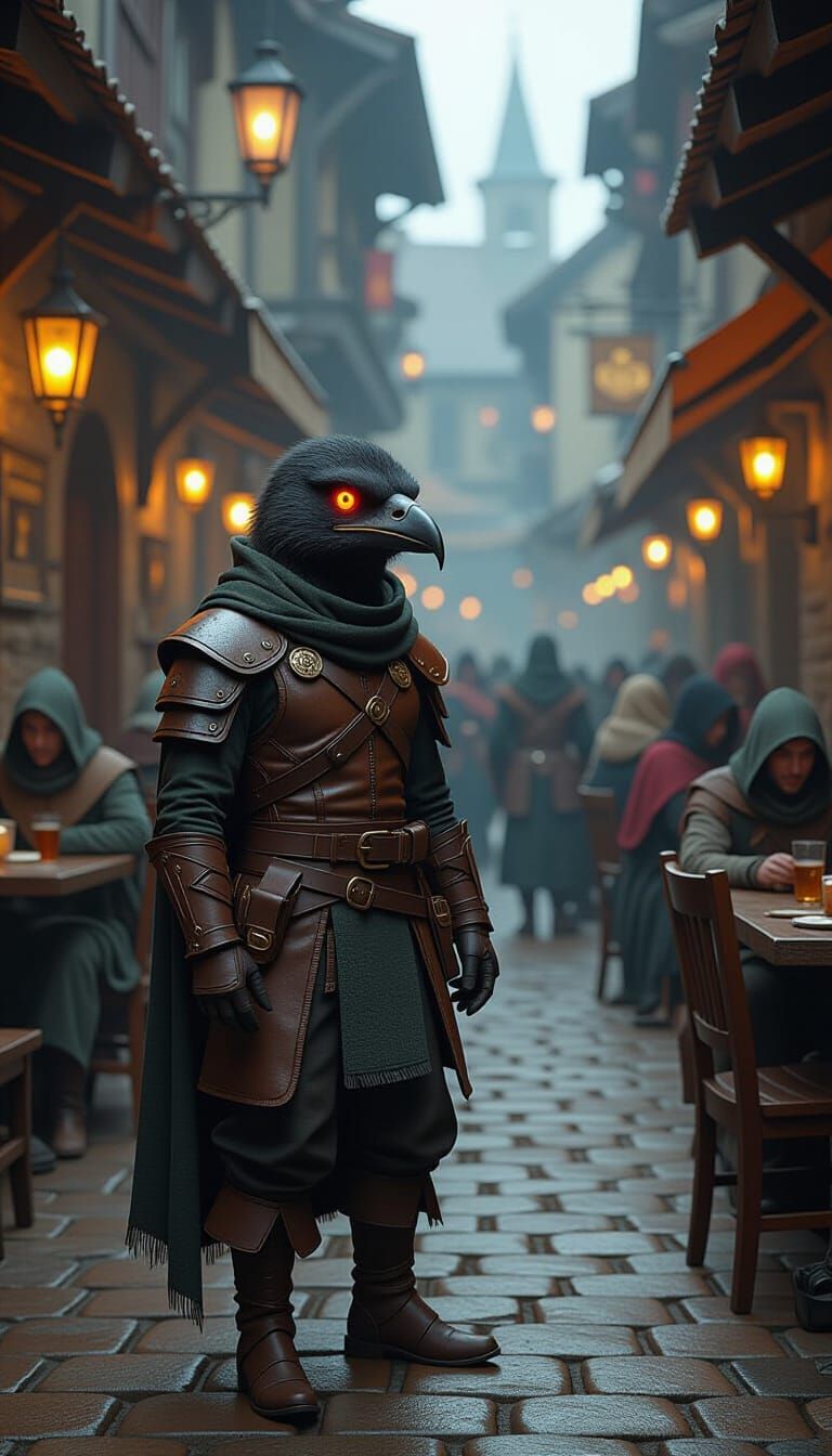 Kenku Rogue Observes Crowd with Atmospheric Lighting