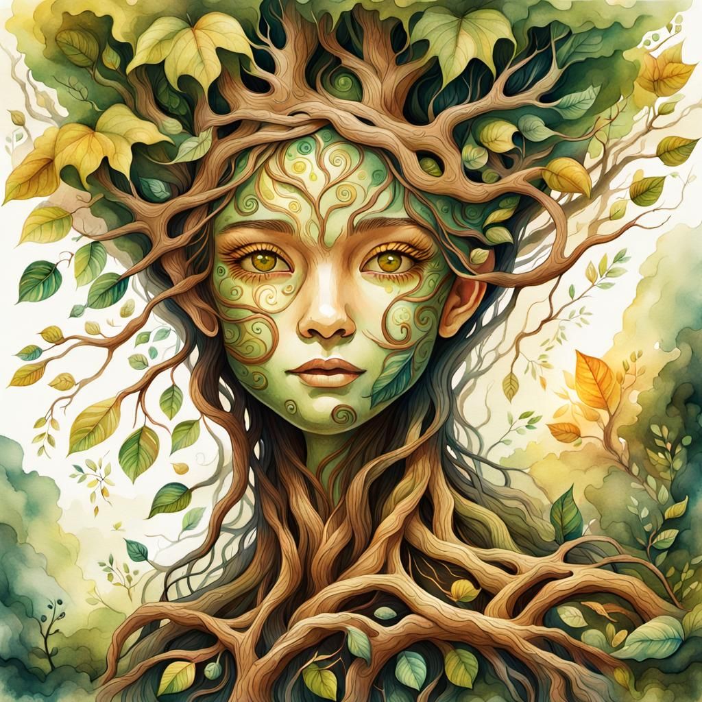 Female Treant Embracing Earth, Watercolor Concept Art