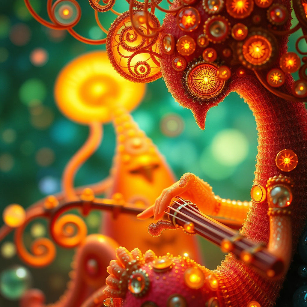 Whimsical Skeksi Plays Xylophone with Dewdrops, Photorealist...