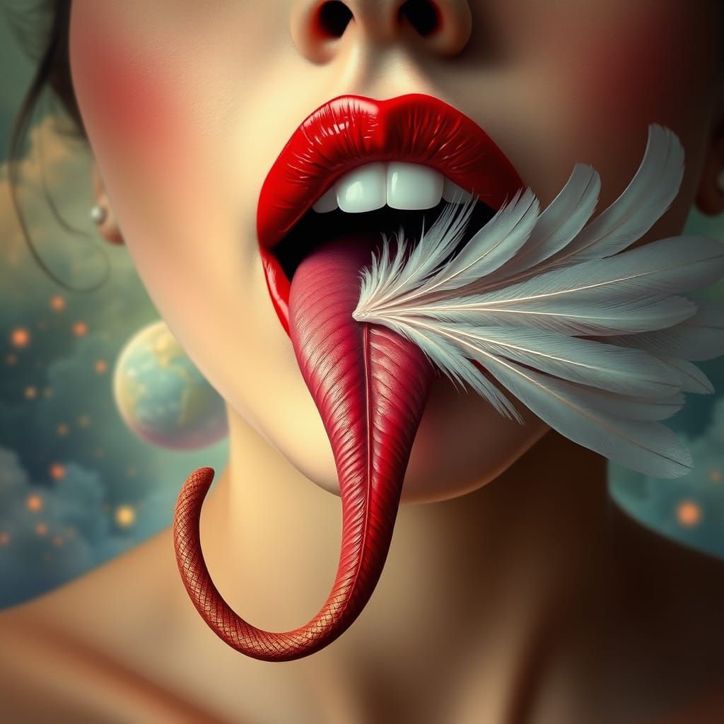 Surreal Lips with Feather Tongue in Digital Art
