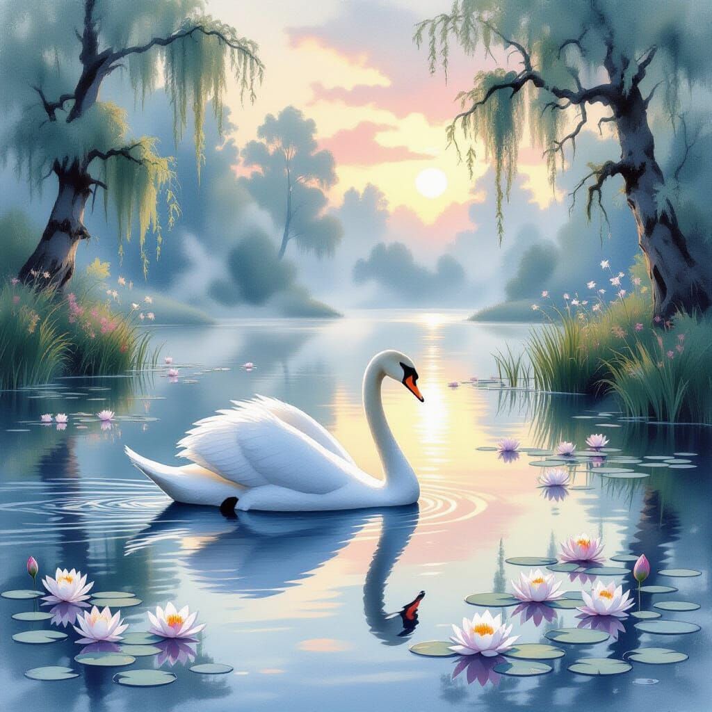 Majestic Swan on Misty Lake at Dawn in Watercolor Style