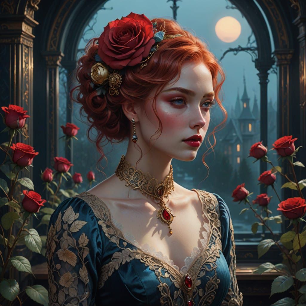 Elegant Victorian Goddess with Crimson Hair and Velvet Attir...