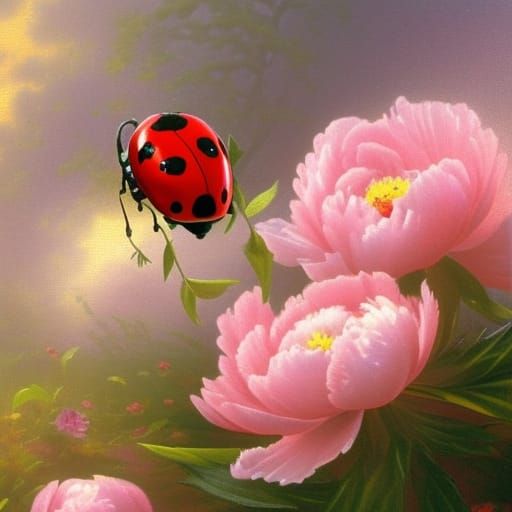 Ladybug on Peony in Ethereal Fantasy Style