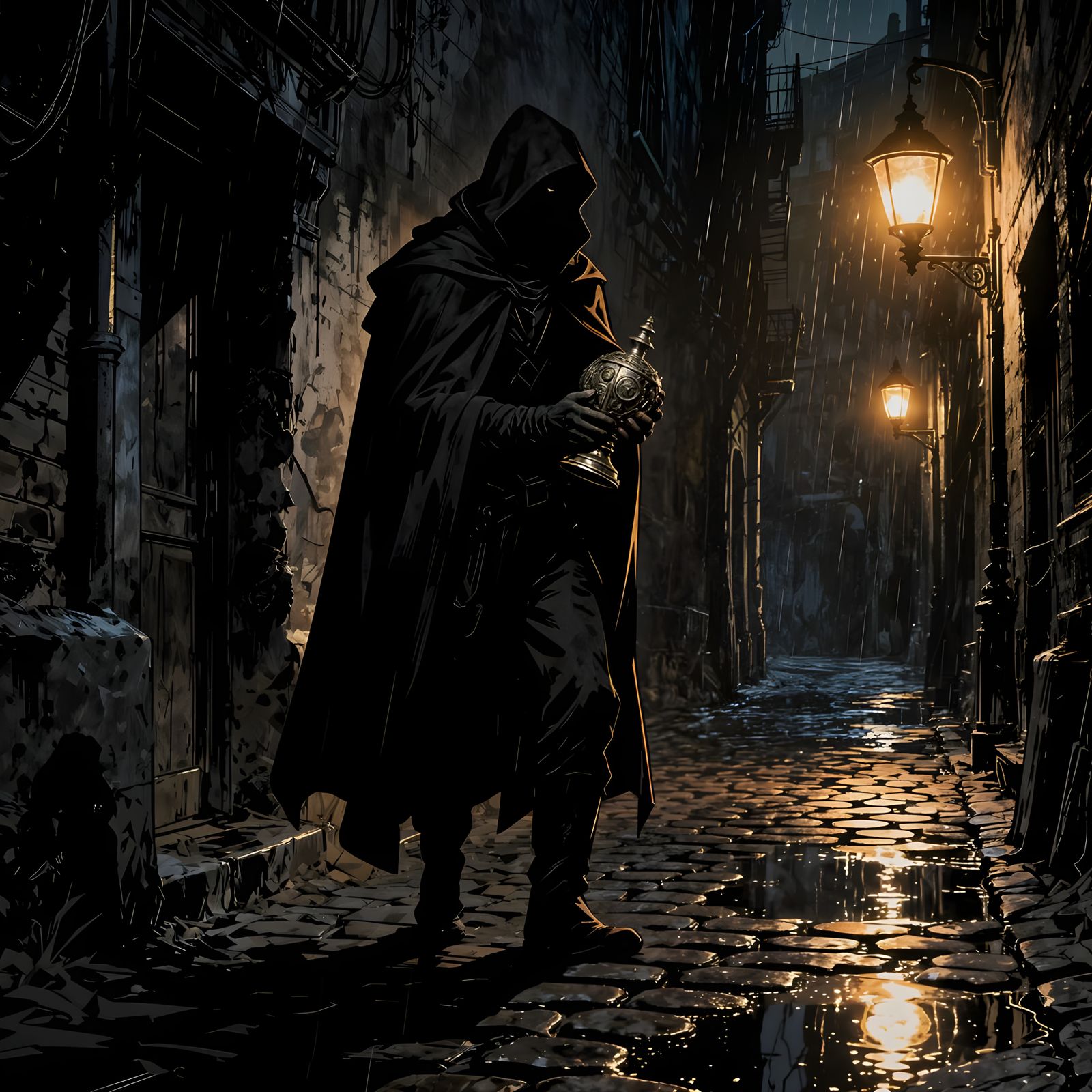 Thief in Grimy Alleyway Clutching Stolen Artifact