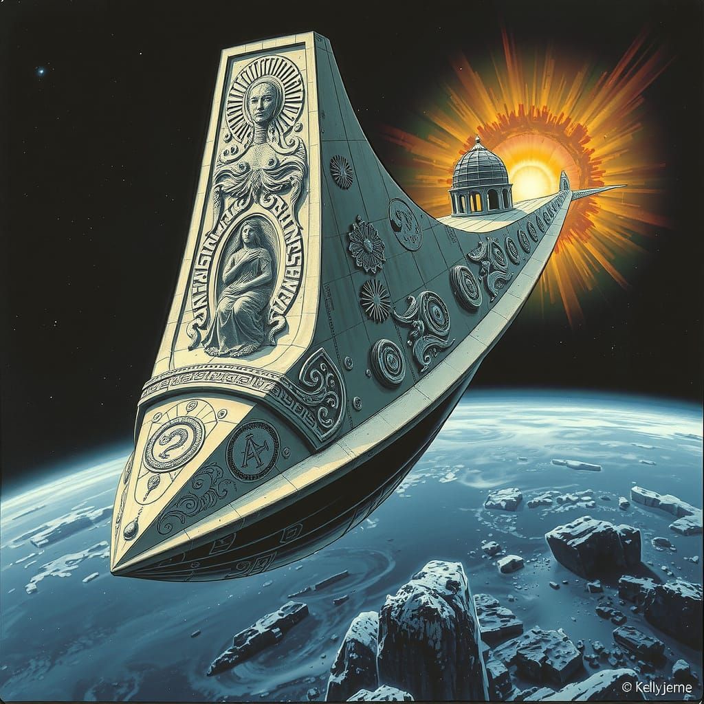 Spacecraft Blending Viking Architecture and Futuristic Eleme...