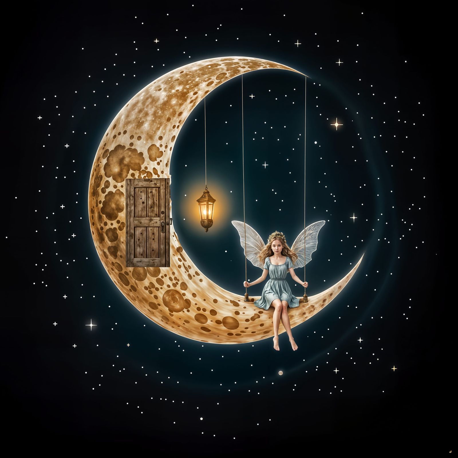 Fairies Visit Moon Door in Storybook Illustration