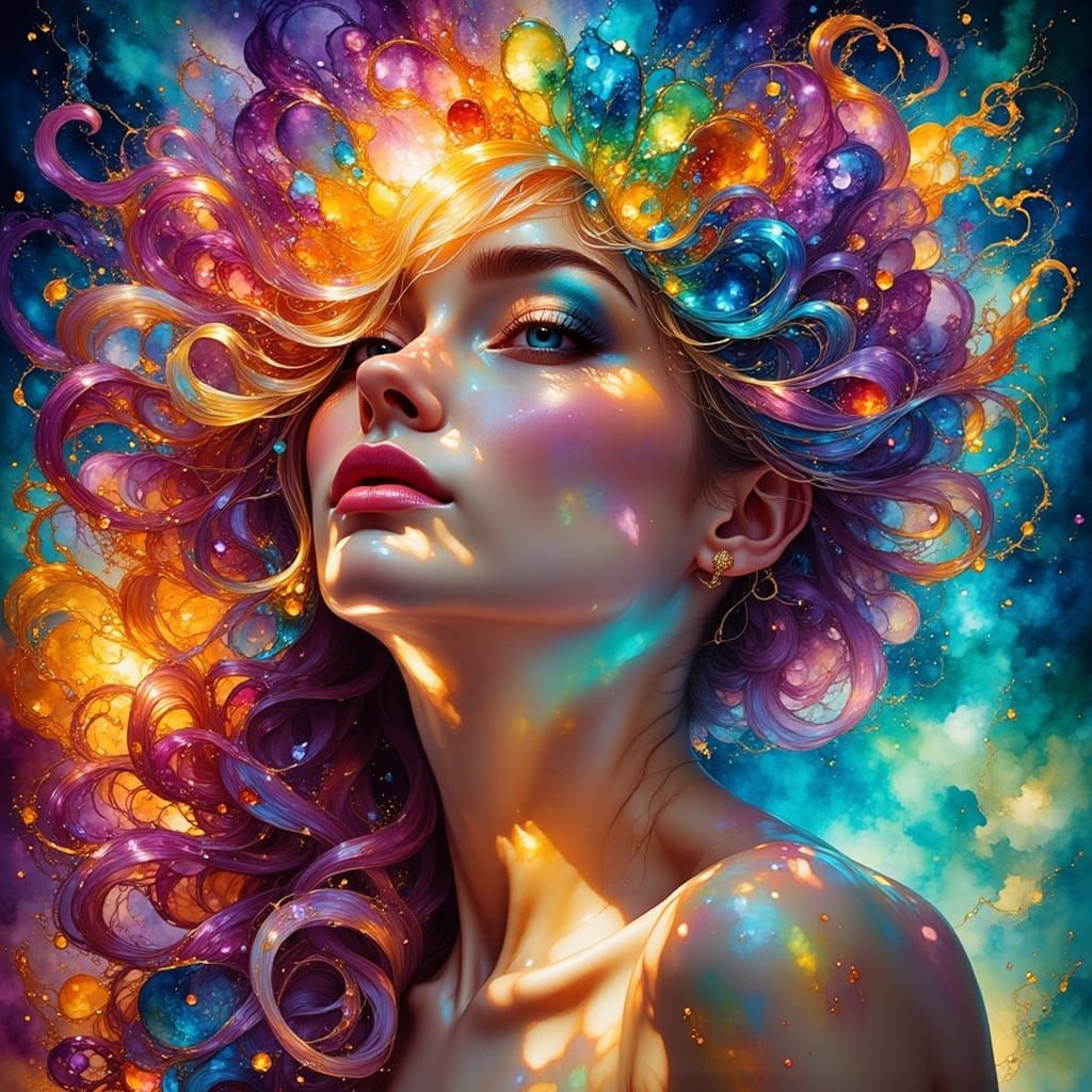Woman With Rainbow Hair Flowing Like Rivers of Light