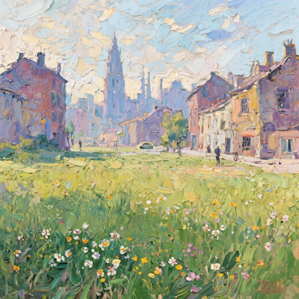 Peaceful Ancient City Landscape in Impasto Style