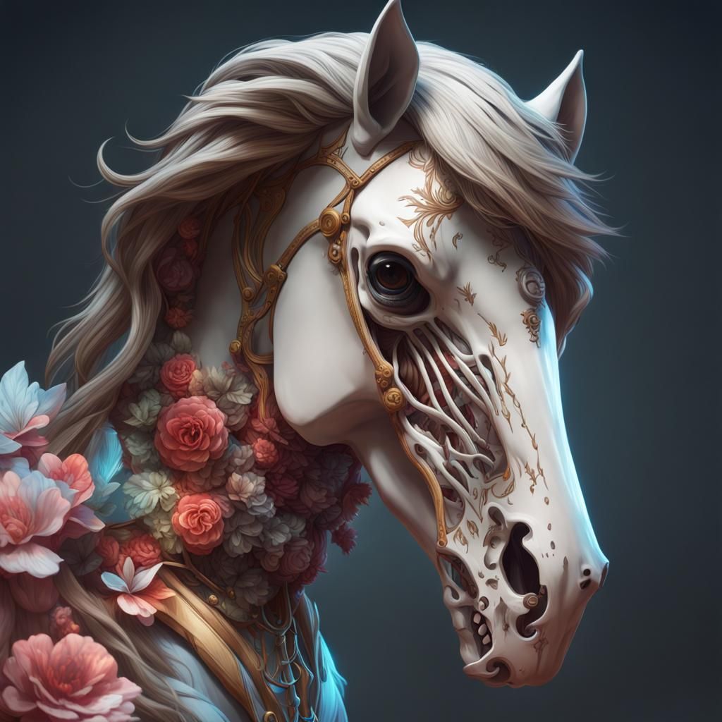 Detailed Skeleton Horse Portrait in Digital Art Style