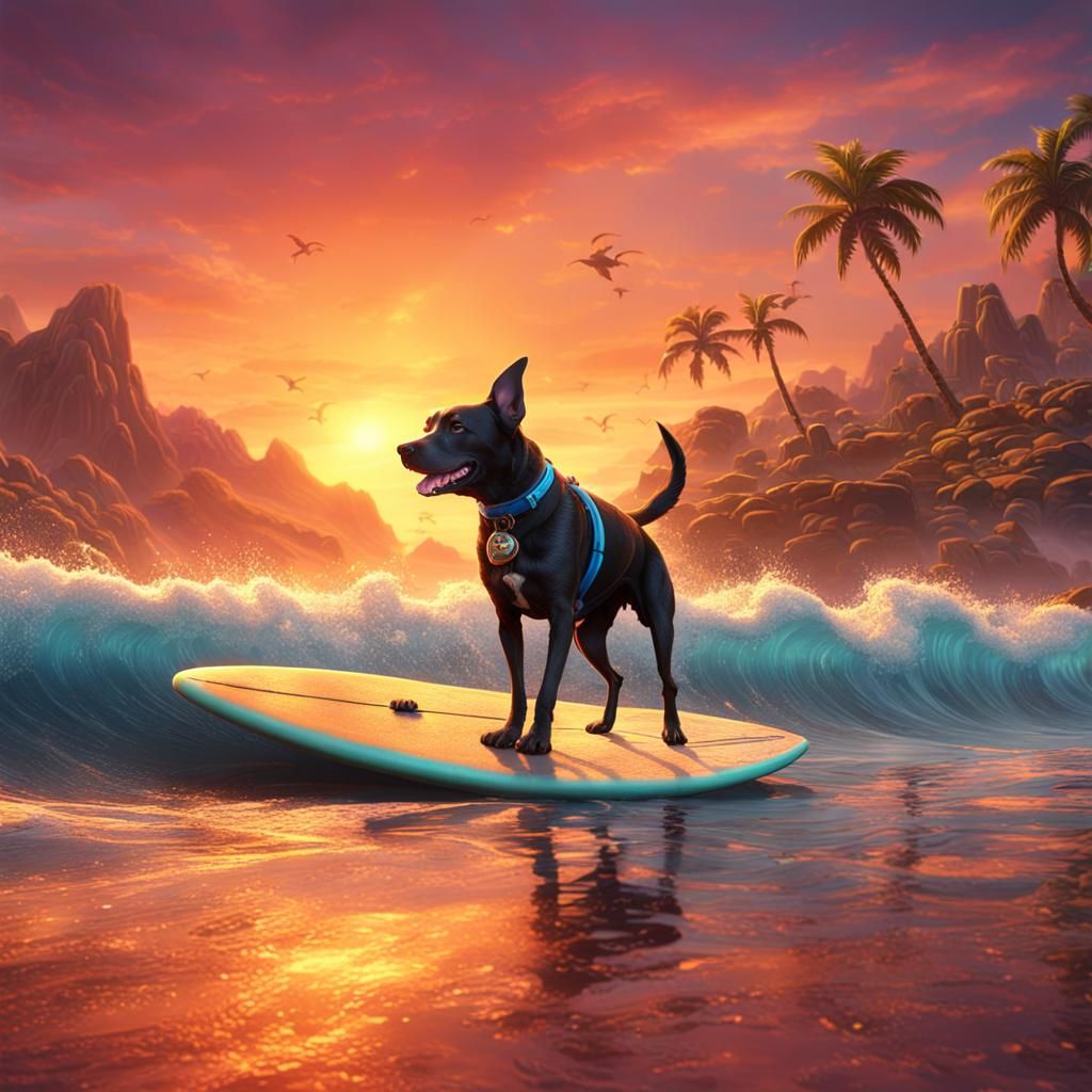 Surfing Dog at Sunset: Detailed Matte Painting